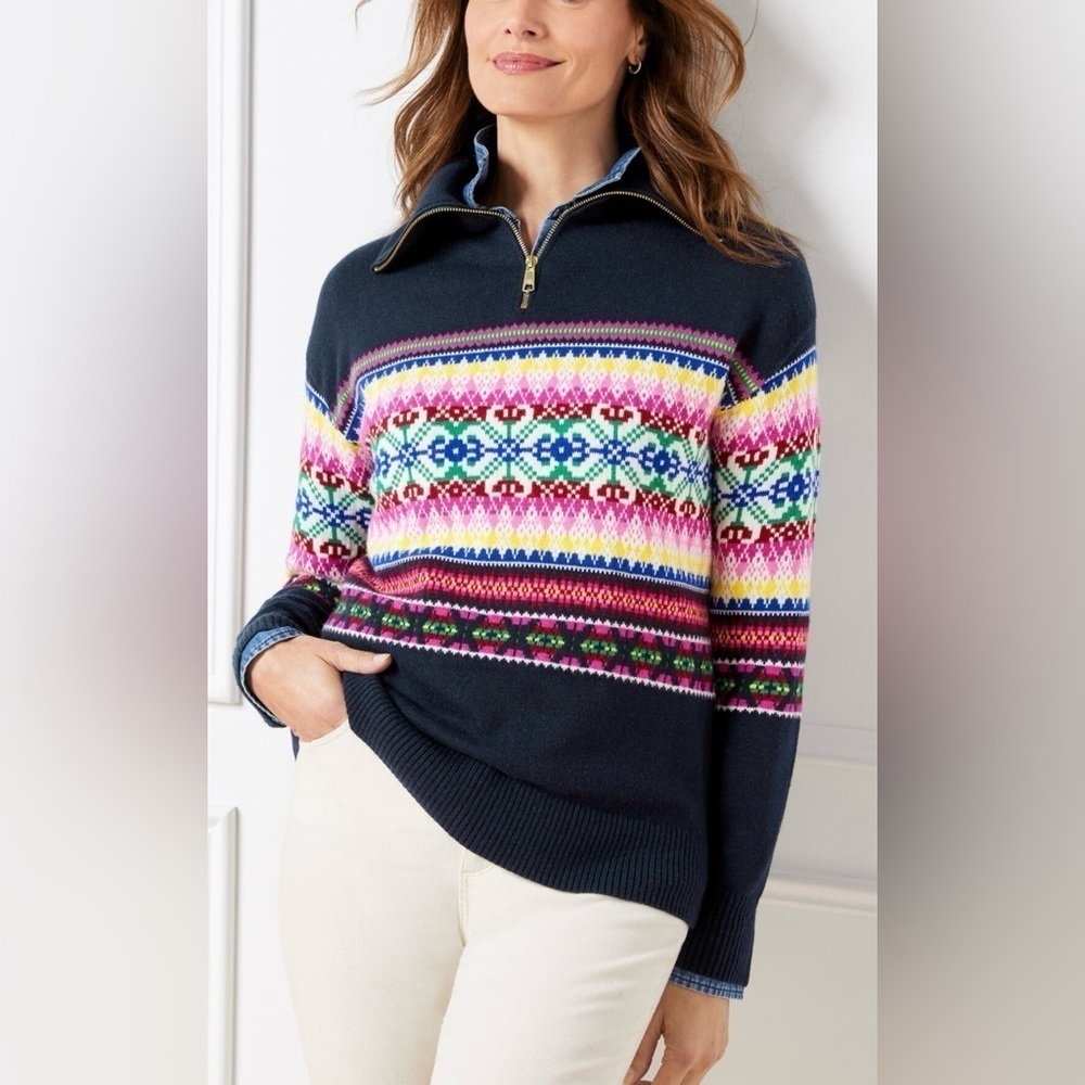Talbots Navy Multicolor Fair Isle Turtleneck Sweater